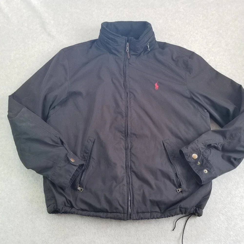Polo Ralph Lauren Jacket Mens Large Black Windbreaker Hooded Zip Bomber Bi-Swing